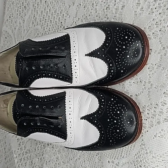 Candela NYC leather Oxford loafer two tone black white shoes sz 7.5