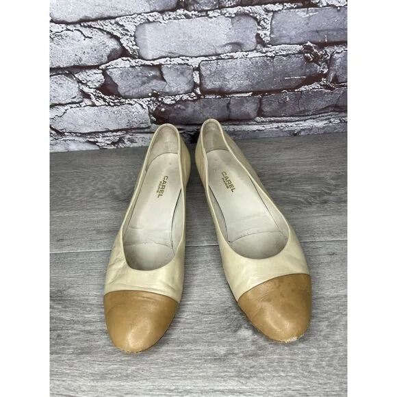 CAREL PARIS Ivory Leather Tan Brown Cap Toe Ballet Flats Women’s Sz 39.5EU/9M US