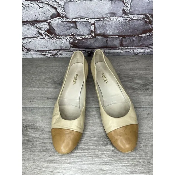 CAREL PARIS Ivory Leather Tan Brown Cap Toe Ballet Flats Women’s Sz 39.5EU/9M US