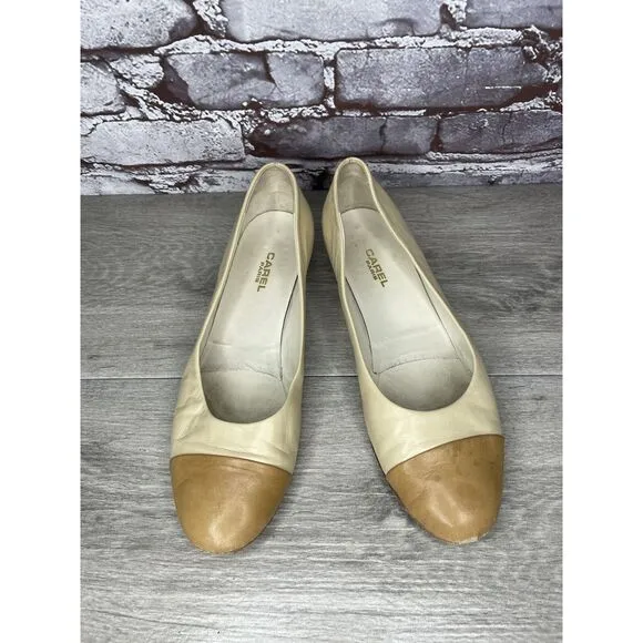 CAREL PARIS Ivory Leather Tan Brown Cap Toe Ballet Flats Women’s Sz 39.5EU/9M US