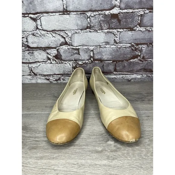 CAREL PARIS Ivory Leather Tan Brown Cap Toe Ballet Flats Women’s Sz 39.5EU/9M US