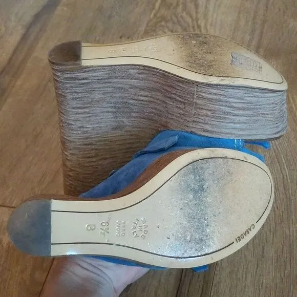 CASADEI BLUE FRINGE LEATHER PLATFORM CHAIN WEDGES 6.5