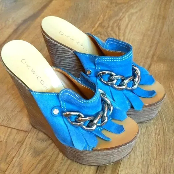 CASADEI BLUE FRINGE LEATHER PLATFORM CHAIN WEDGES 6.5