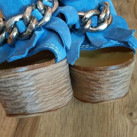 CASADEI BLUE FRINGE LEATHER PLATFORM CHAIN WEDGES 6.5