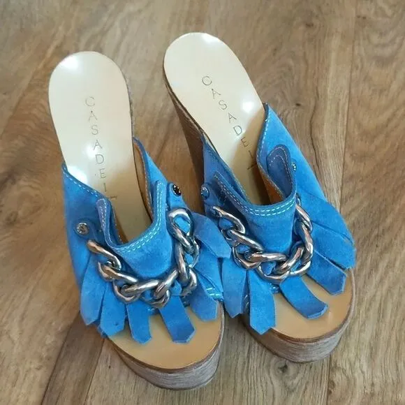 CASADEI BLUE FRINGE LEATHER PLATFORM CHAIN WEDGES 6.5