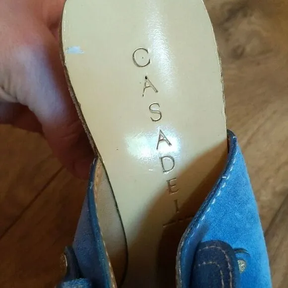 CASADEI BLUE FRINGE LEATHER PLATFORM CHAIN WEDGES 6.5