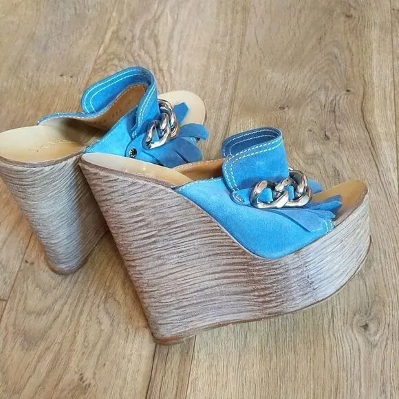 CASADEI BLUE FRINGE LEATHER PLATFORM CHAIN WEDGES 6.5