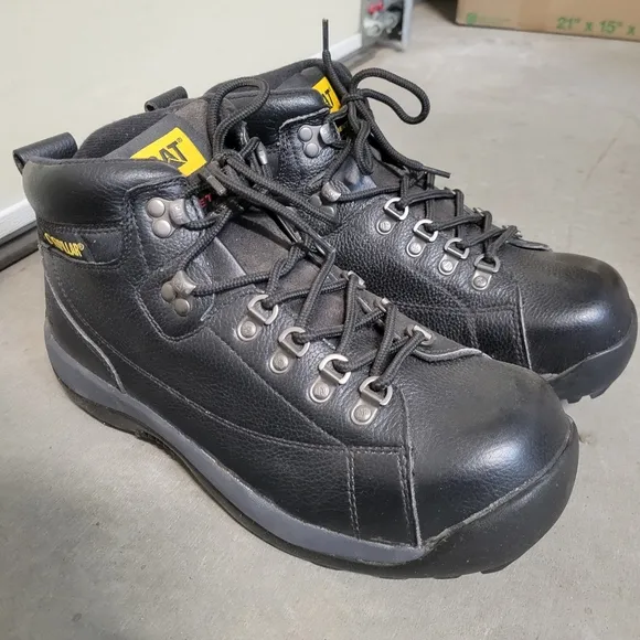 CAT Men's Steel Toe Leather Lace Up Work Boots, Black, Size 10.5
