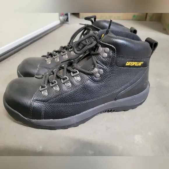 CAT Men's Steel Toe Leather Lace Up Work Boots, Black, Size 10.5