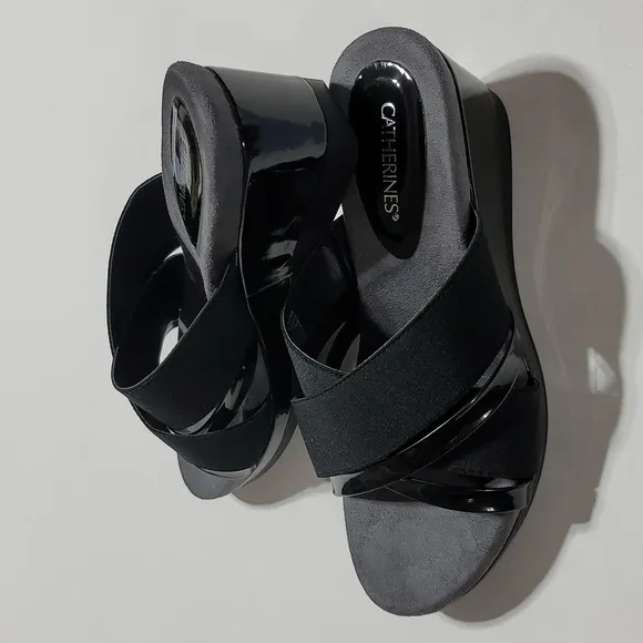 CATHERINES MULES PATENT LEATHER PLATFORM SANDALS BLACK WEDGES OPEN TOE SHOE 10W