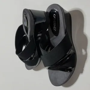 CATHERINES MULES PATENT LEATHER PLATFORM SANDALS BLACK WEDGES OPEN TOE SHOE 10W