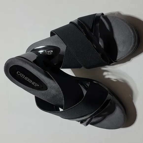 CATHERINES MULES PATENT LEATHER PLATFORM SANDALS BLACK WEDGES OPEN TOE SHOE 10W