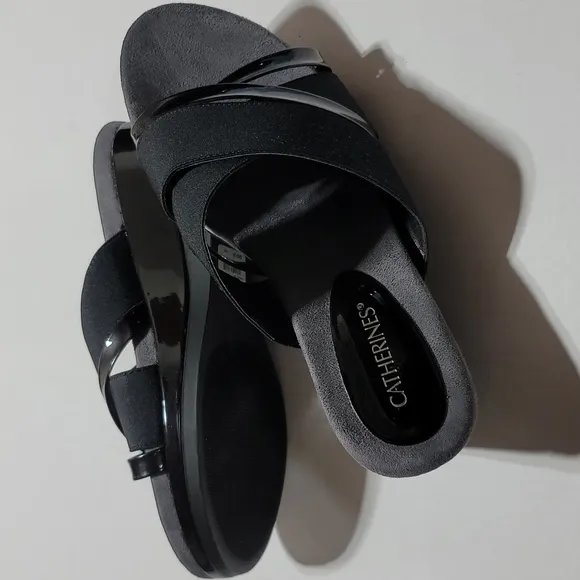 CATHERINES MULES PATENT LEATHER PLATFORM SANDALS BLACK WEDGES OPEN TOE SHOE 10W