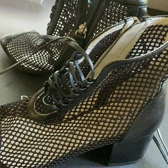CHANEL Black Lace Up Boots High Heel Elegance