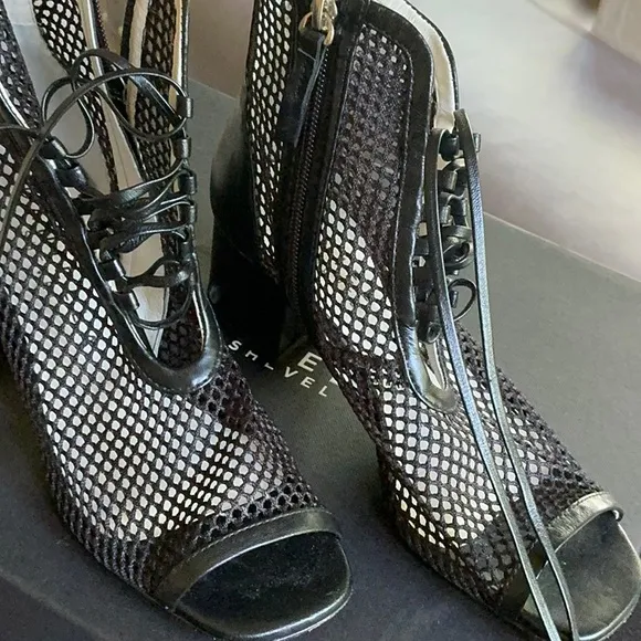 CHANEL Black Lace Up Boots High Heel Elegance