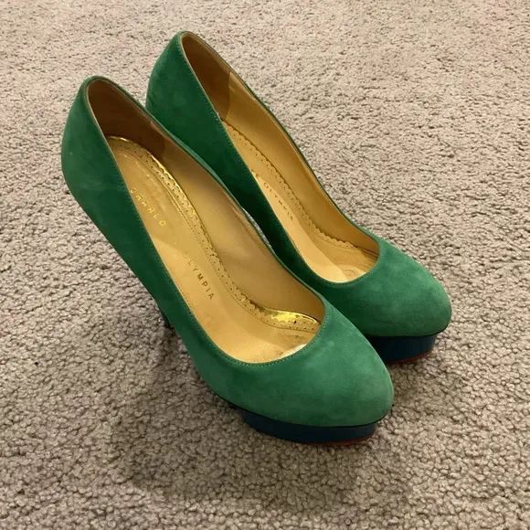 Charlotte Olympia Kelly Green Leather Suede Platform Pumps Shoes Heels 38 LK NEW