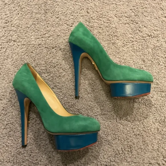 Charlotte Olympia Kelly Green Leather Suede Platform Pumps Shoes Heels 38 LK NEW