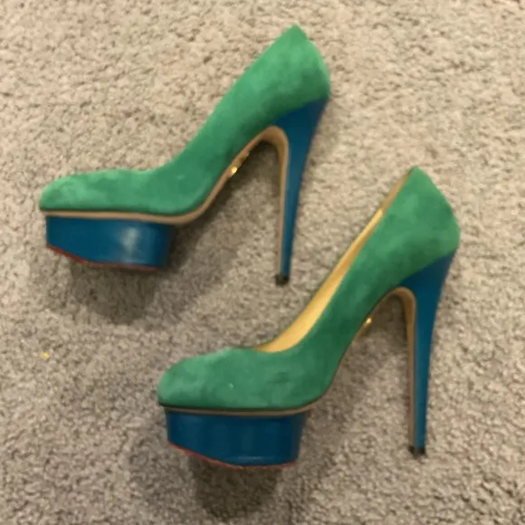 Charlotte Olympia Kelly Green Leather Suede Platform Pumps Shoes Heels 38 LK NEW
