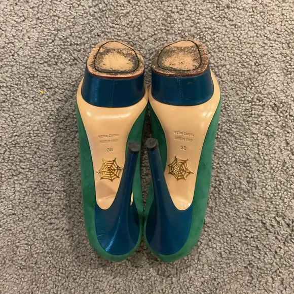 Charlotte Olympia Kelly Green Leather Suede Platform Pumps Shoes Heels 38 LK NEW