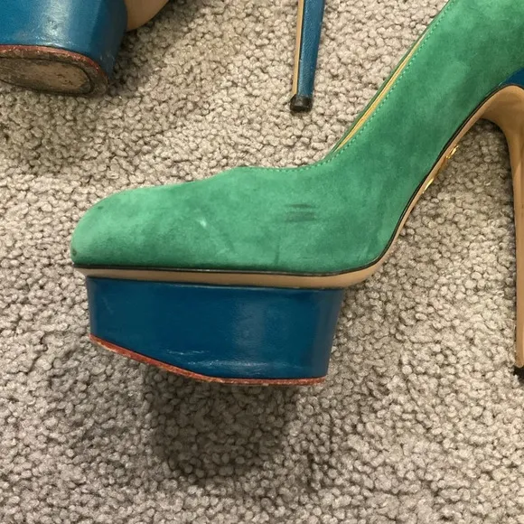 Charlotte Olympia Kelly Green Leather Suede Platform Pumps Shoes Heels 38 LK NEW