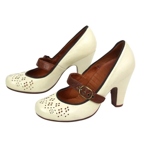 Chie Mihara PERFORATED PEARLY REAL LEATHER BUCKLE CLASSIC PUMP SHOES Sz 36