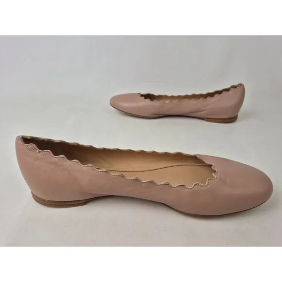 Chloé Women's Pink Tea Lauren Scalloped Leather Ballet Flats Size 38.5 Chloe