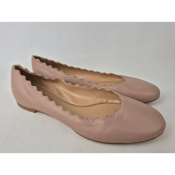 Chloé Women's Pink Tea Lauren Scalloped Leather Ballet Flats Size 38.5 Chloe