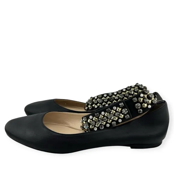 Chloe Black Leather Crystal Embellished Ballet Flats