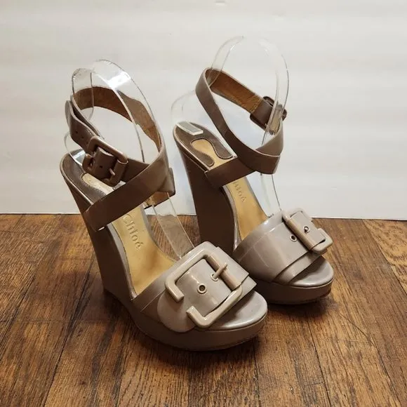 CHLOE Platform Dark Mauve Wedges with Large Buckle