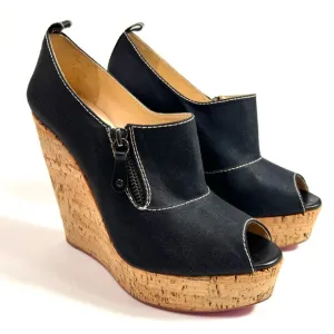 Christian Louboutin Black Fabric Cork Wedge Platform Pump Size 40.5