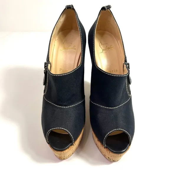 Christian Louboutin Black Fabric Cork Wedge Platform Pump Size 40.5