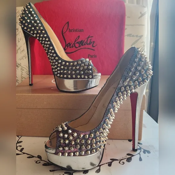 CHRISTIAN LOUBOUTIN Metallic Lame Lady Peep Spike Platform Pumps Size 37