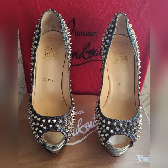 CHRISTIAN LOUBOUTIN Metallic Lame Lady Peep Spike Platform Pumps Size 37