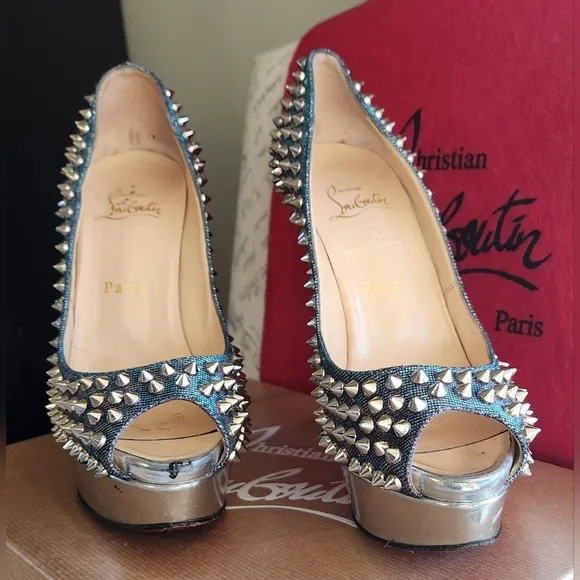 CHRISTIAN LOUBOUTIN Metallic Lame Lady Peep Spike Platform Pumps Size 37