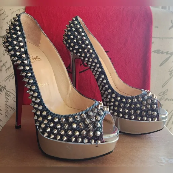 CHRISTIAN LOUBOUTIN Metallic Lame Lady Peep Spike Platform Pumps Size 37