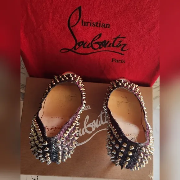 CHRISTIAN LOUBOUTIN Metallic Lame Lady Peep Spike Platform Pumps Size 37