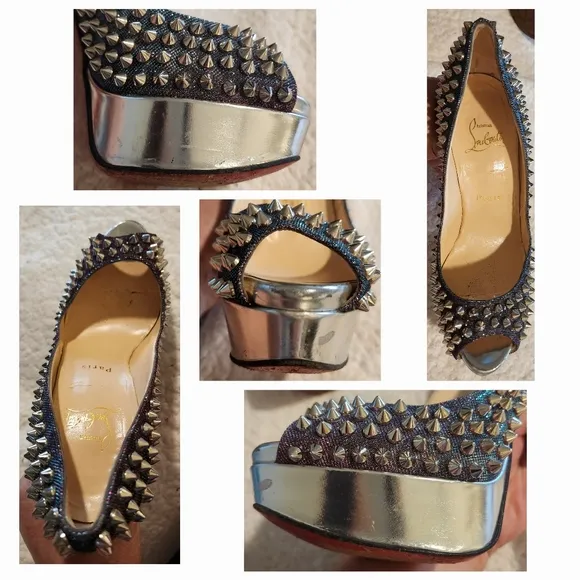 CHRISTIAN LOUBOUTIN Metallic Lame Lady Peep Spike Platform Pumps Size 37