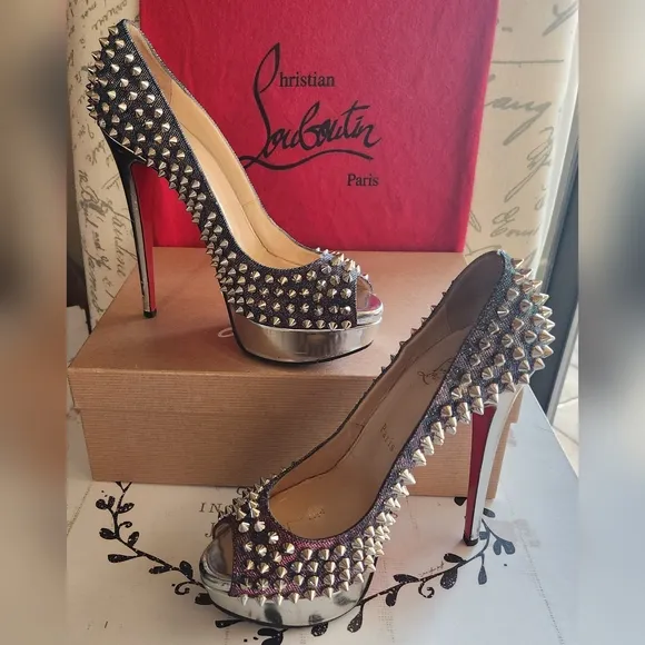 CHRISTIAN LOUBOUTIN Metallic Lame Lady Peep Spike Platform Pumps Size 37