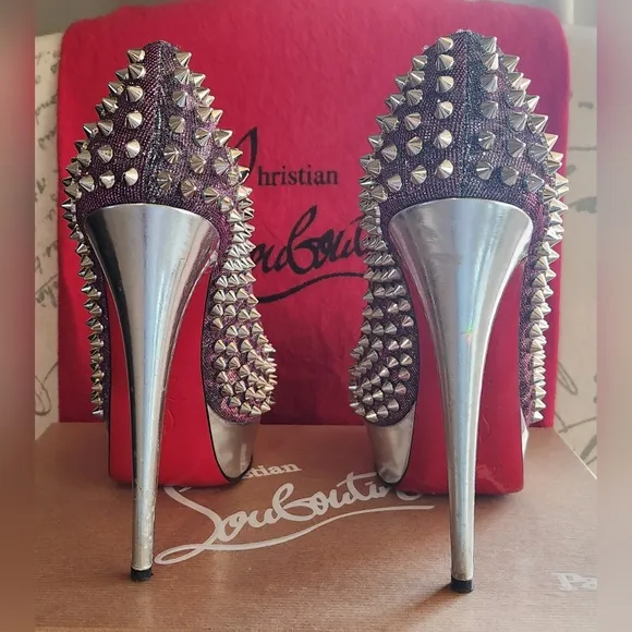 CHRISTIAN LOUBOUTIN Metallic Lame Lady Peep Spike Platform Pumps Size 37