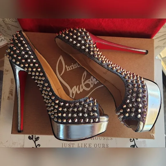 CHRISTIAN LOUBOUTIN Metallic Lame Lady Peep Spike Platform Pumps Size 37