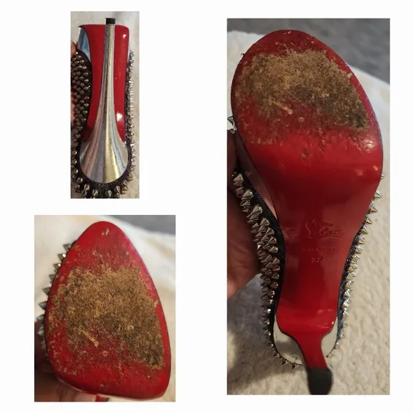 CHRISTIAN LOUBOUTIN Metallic Lame Lady Peep Spike Platform Pumps Size 37