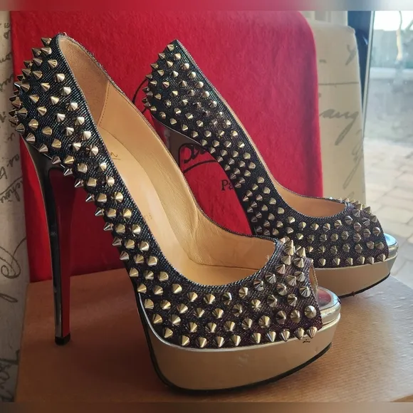 CHRISTIAN LOUBOUTIN Metallic Lame Lady Peep Spike Platform Pumps Size 37