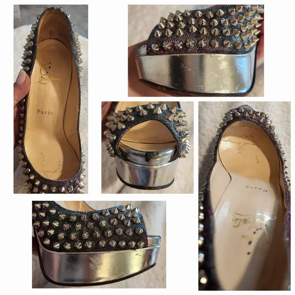 CHRISTIAN LOUBOUTIN Metallic Lame Lady Peep Spike Platform Pumps Size 37