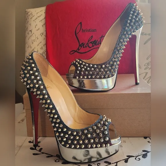 CHRISTIAN LOUBOUTIN Metallic Lame Lady Peep Spike Platform Pumps Size 37