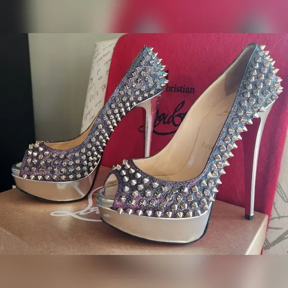 CHRISTIAN LOUBOUTIN Metallic Lame Lady Peep Spike Platform Pumps Size 37