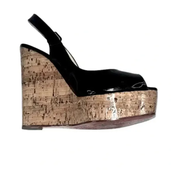 Christian Louboutin peep toe black patent leather sling back cork wedges size 39