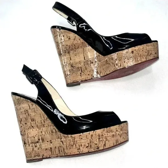 Christian Louboutin peep toe black patent leather sling back cork wedges size 39