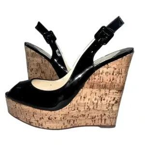 Christian Louboutin peep toe black patent leather sling back cork wedges size 39