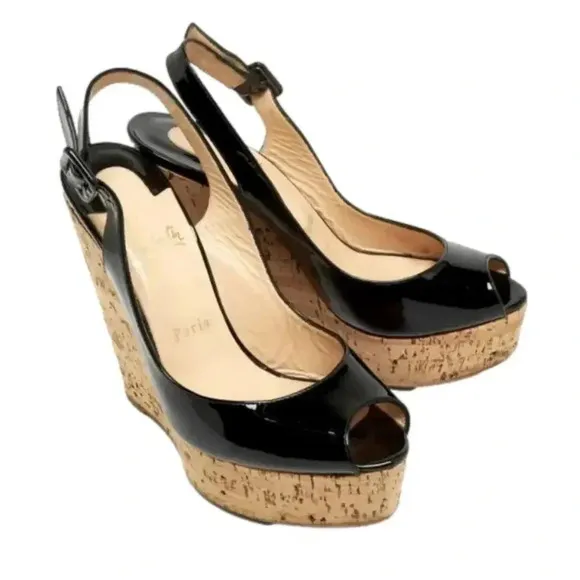 Christian Louboutin peep toe black patent leather sling back cork wedges size 39