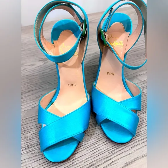 Christian Louboutin Teal Satin Open Toe Ankle Strap Wedges In Teal Size 8